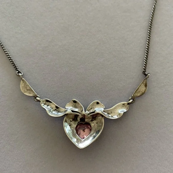 Vintage 925 Sterling Silver Antique Style Heart Pink Gem Marcasite Necklace 18” - Picture 6 of 7